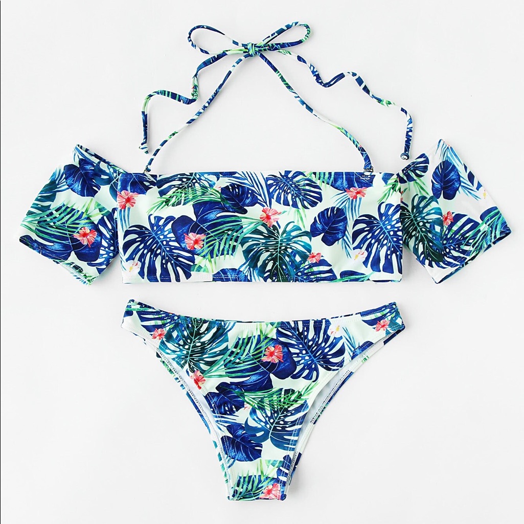 Tropical Print Self Tie Bikini Set